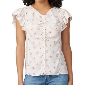 Rebecca Taylor Maui Floral Top Size 10 Silk Blend Flutter Sleeve